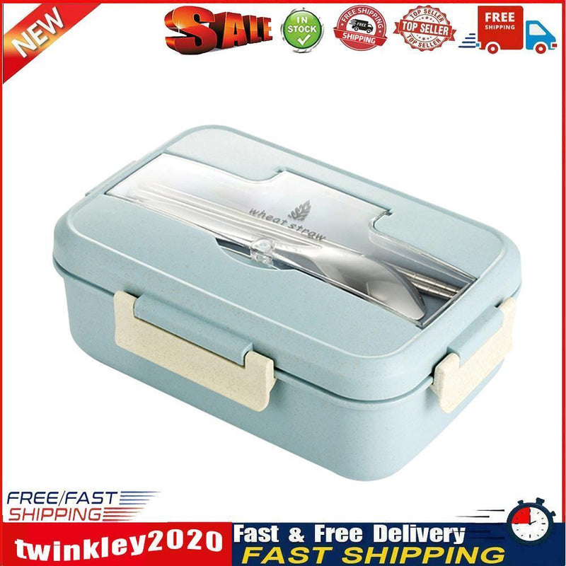 Microwave Lunch Box Wheat Straw Compartments Bento Food Container (Blue) Newly