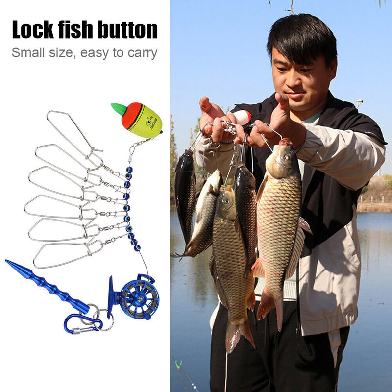 Stainless Steel Fish Buckle Lock Set Live Fishing Lock Belt Stringer (Blue)