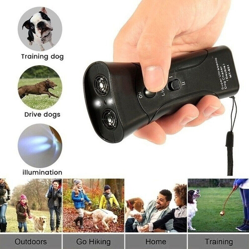 Double Head Ultrasonic Dog Repeller Portable LED Flashlight Stop Bark Tool Newly