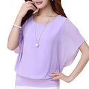 Summer Round Collar Short Bat Sleeve Blouse Solid Color Ruffle Women Tops