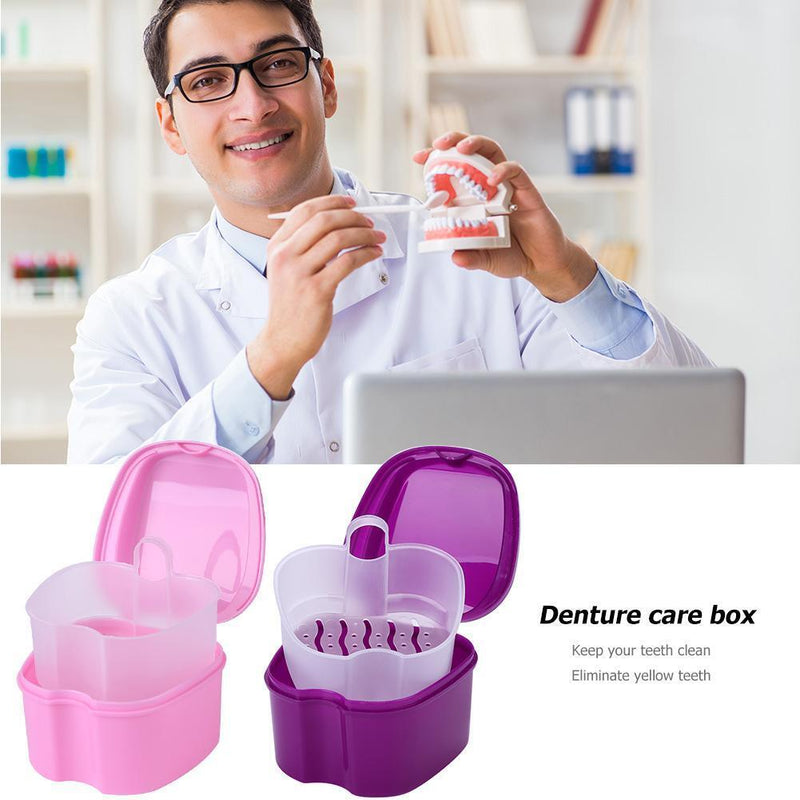 Dental False Teeth Storage Box with Hanging Net Container Organizer (Purple)