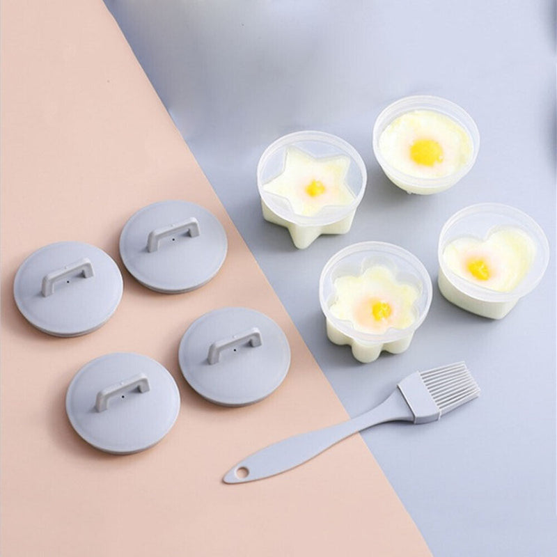 4pcs Cute Egg Boiler Cooker Plastic Egg Poacher Mold Set with Brush (Grey)