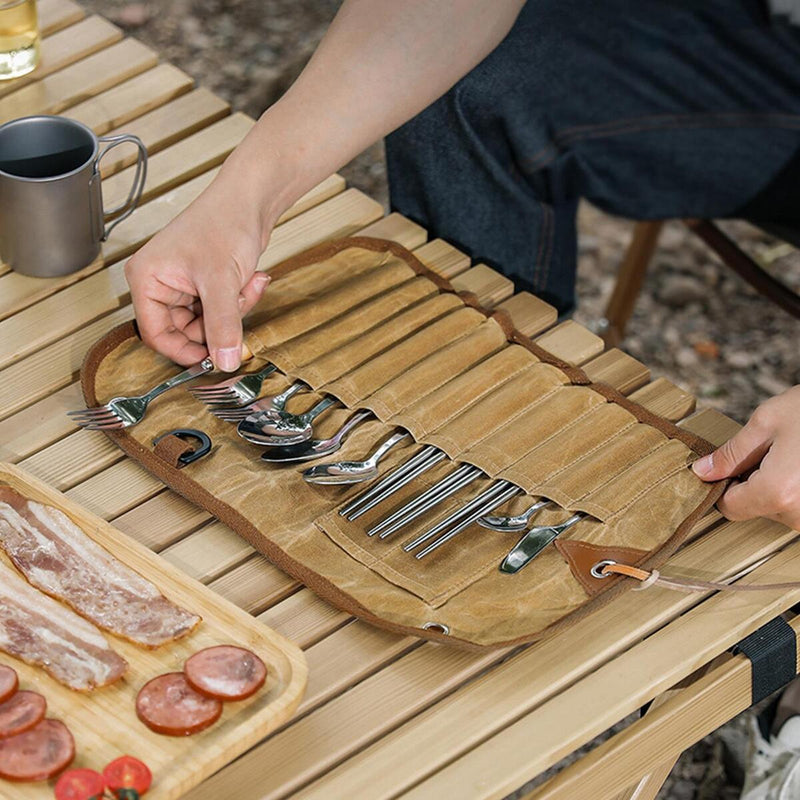 12Pcs Camping Cutlery Set Outdoor Tablewares Storage Bag Spoon Chopsticks Fork_