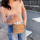 Beading Chain Small Straw Bucket Shoulder Bags Women Rattan Beach Mini Handbags