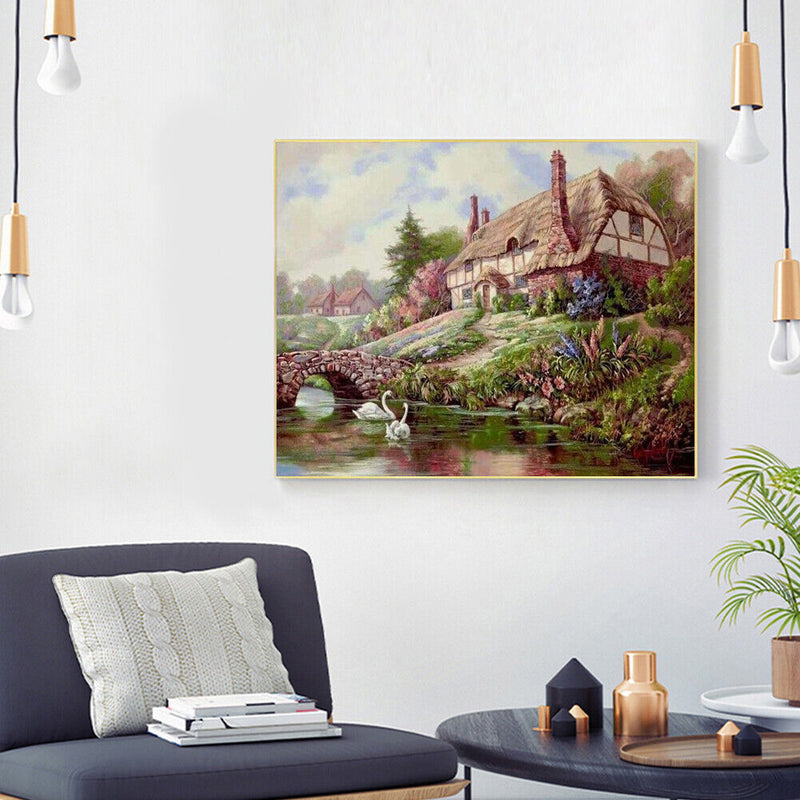Frameless Oil Paint By Numbers Cottage Country DIY Canvas Picture Craft Kit