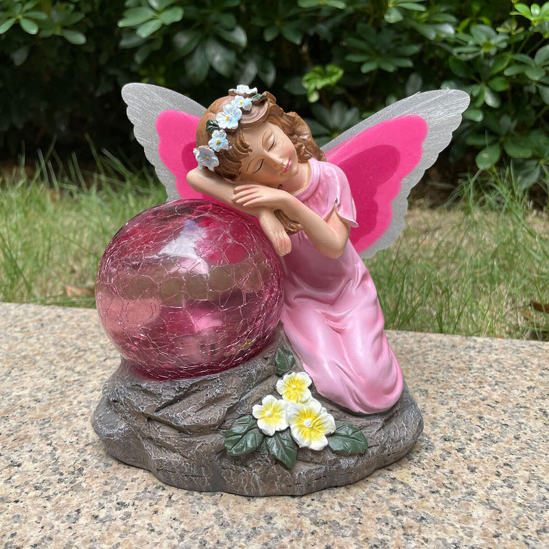 Garden Fairy Statue Waterproof Outdoor Sculpture with Solar Lights (Red) Newly