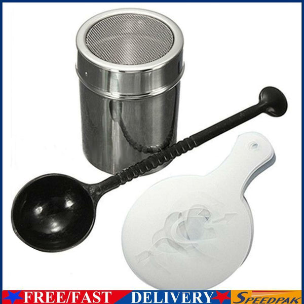Chocolate Shaker Duster + 16pcs Cappuccino Coffee Stencils + Measure Spoon #F