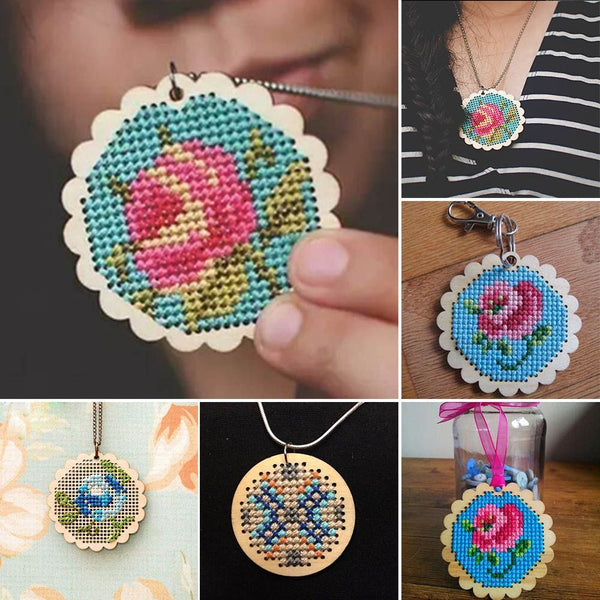 DIY Crafts Wood Wooden Cross Stitch Jewelry Pendant Embroidery Key Ring Making