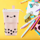 Retractable Milk Tea Pencil Case Stationery Storage Pen Holder (Pink) Newly