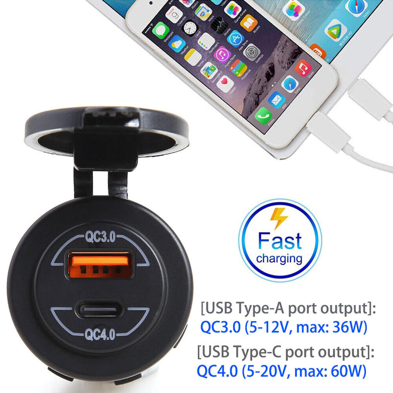 Waterproof Car Boat Dual USB Charger QC 3.0 + QC 4.0 Type C Power Outlet Newly