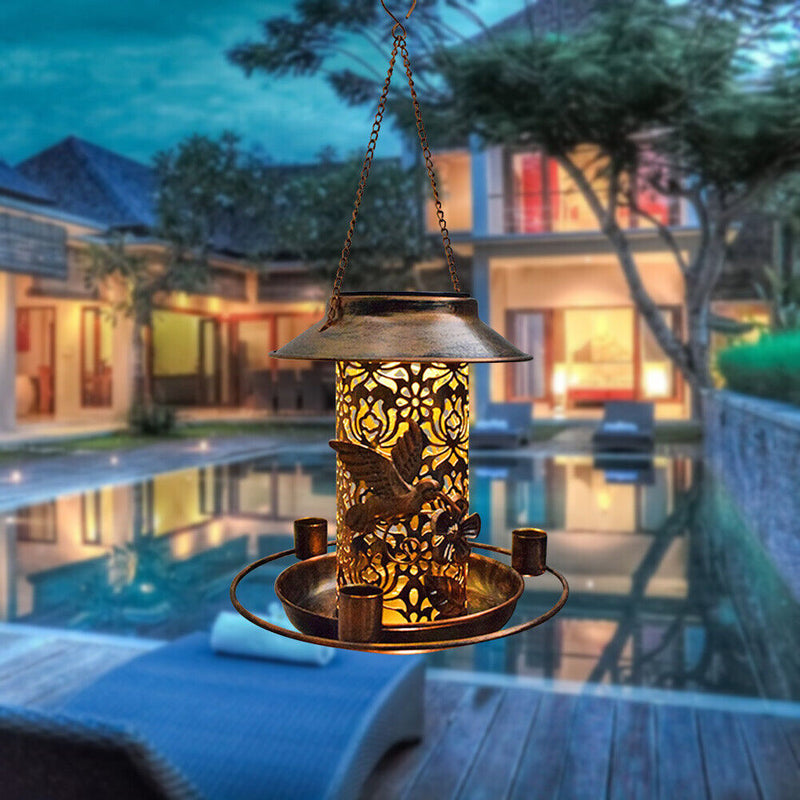 Solar Bird Feeder LED Light Metal Hanging Garden Yard Backyard Decor Lanterns