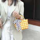 Handmade Woven Plaid Basket Tote Women Silk Scarf Small Handbag (Yellow)