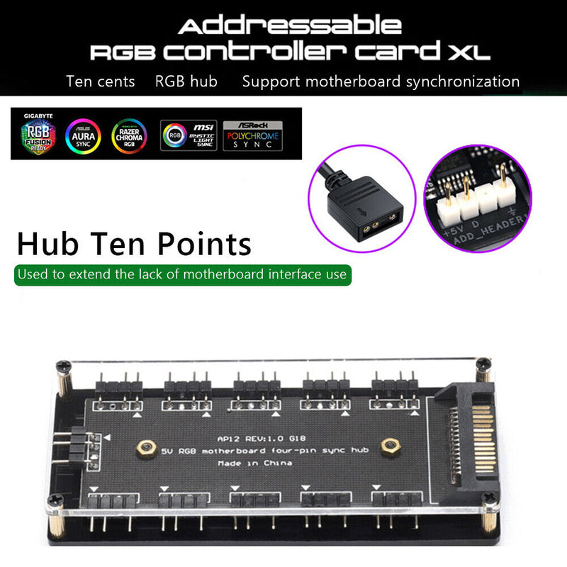 Desktop Computer ARGB Fan Hub Case+Cable 5V 3PIN PC RGB Cooler Splitter Set