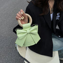 Sweet Bow Tie Mini Leather Bucket Crossbody Bag Women Round Wooden Handle Purse