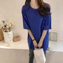 Summer Half Sleeve Long T-shirt Candy Color Loose Women Tops (Dark Blue M)