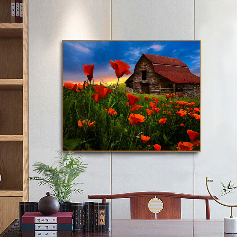 Canvas Painted Oil Paint By Numbers Cabin Flowers Wall Art Modern Bedroom D