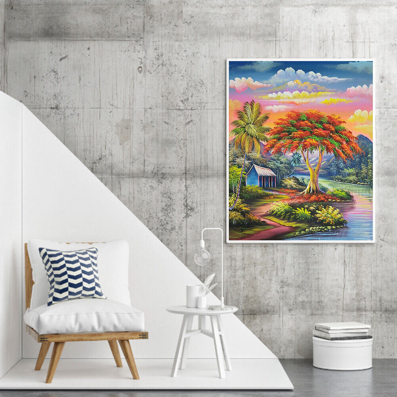 Quirky Tree Hut Oil Paint By Numbers Kit Frameless Drawing Picture Wall Decor