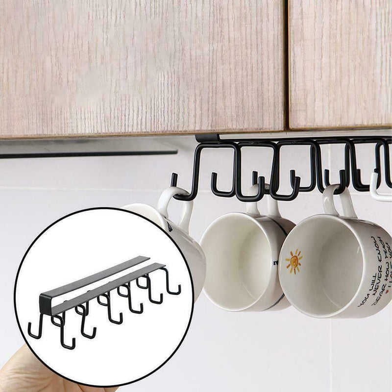 6 Hooks Cup Holder Kitchen Cabinet Shelf Storage Black Organizer Rack L2I1