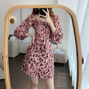 Square Low Collar Dress Women Puff Sleeves Leopard Print Tunic Summer Dresses