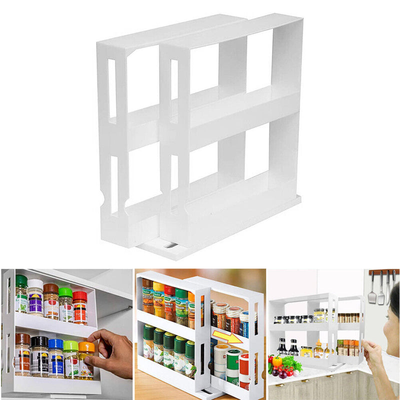 2 Layers Multi-Function Rotating Storage Rack Kitchen Cabinet Spice Holder Newly