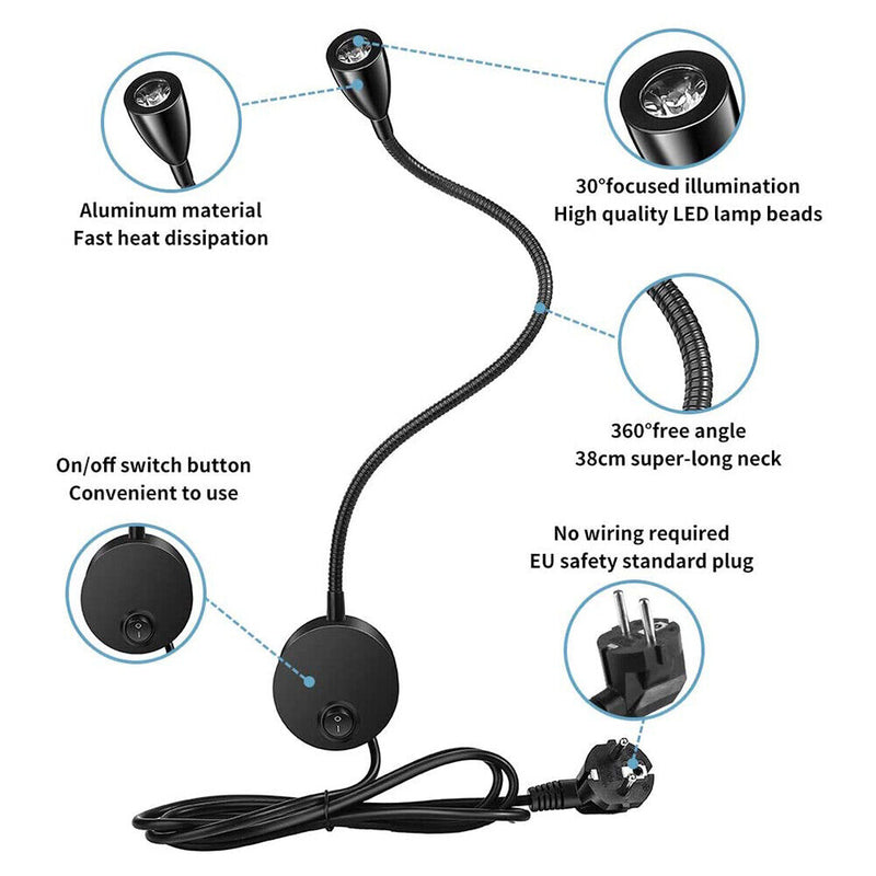 LED Flexible Gooseneck Spotlight 360 Degree Rotation Bedside Lamp (Black) Newly