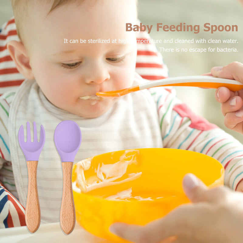 Baby Wooden Silicone Feeding Spoon Toddlers BPA-free Tableware (2) Newly