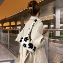Retro Women Flower Print Shoulder Underarm Bag Winter Plush Purse (Black)