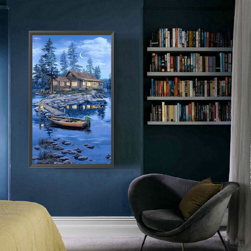 5D DIY Diamond Painting Crescent Lake House Kits Full Square Drill Wall Decor