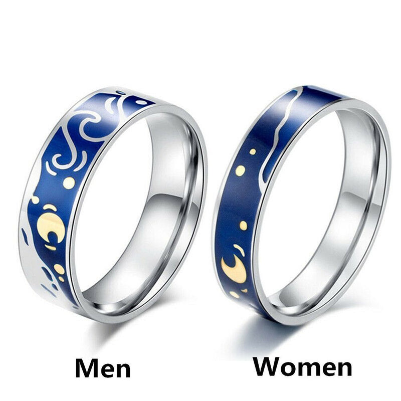 Day Present Romantic Weddings Van Gogh Couple Rings Starry Sky Adjustable