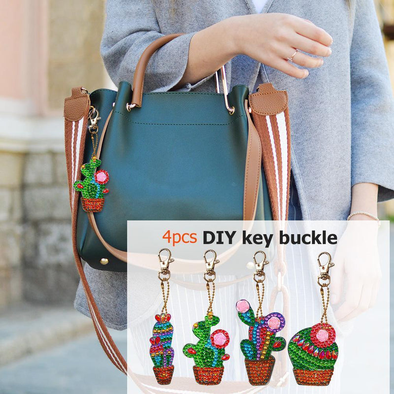 4pcs DIY Full Drill Diamond Painting Keychain Special Shaped Cactus Bag Keyring