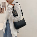 Fashion Women Stone Pattern Shoulder Bag Purse 2pcs Composite Bags (Black)
