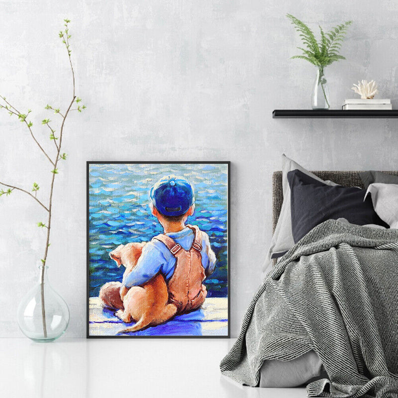 Holding Dog Boy Oil Paint By Numbers Kits Canvas Picture DIY Wall Art Craft