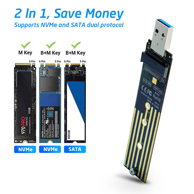 M.2 NVMe SSD to USB 3.1 Adapter Enclosure for NVME PCIE NGFF SATA M/B Key SSD
