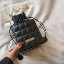 Fashion Women PU Checker Cube Shoulder Bag Solid Color Drawstring Crossbody Bags