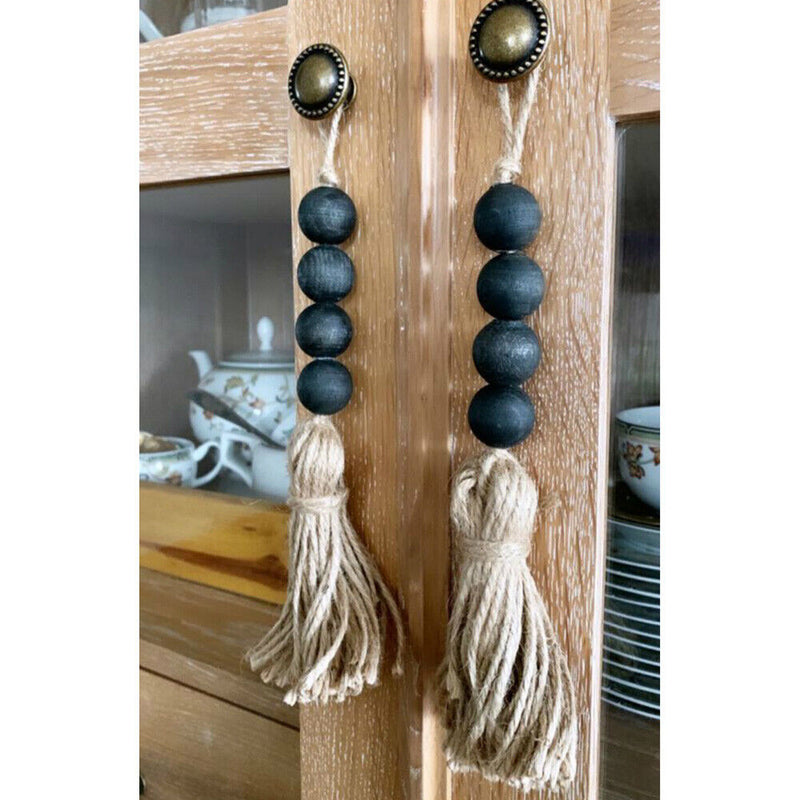 Pastoral Hemp Rope Tassel Wooden Bead String Wall Door Hanging Home Decor DIY