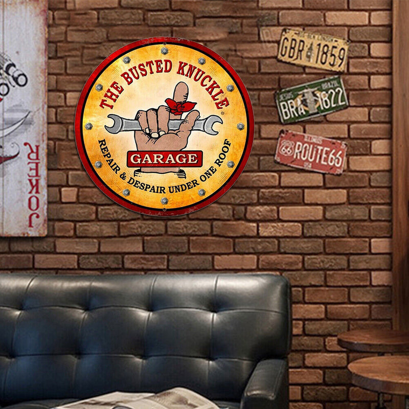 Busted Knuckle Garage Round Retro Metal Plate Tin Sign for Bar Club Home Decor