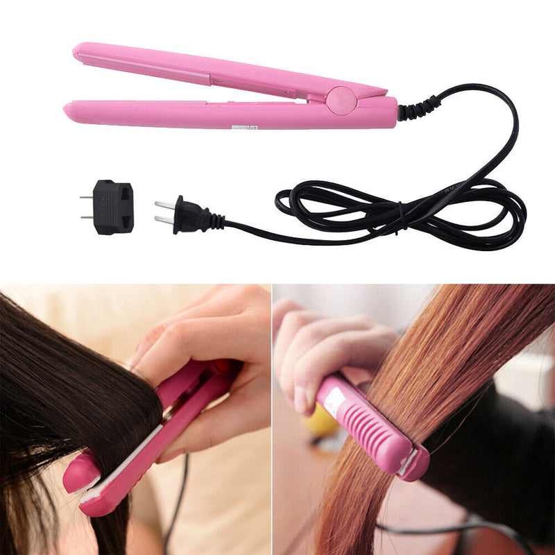 Mini Hair Straightener Flat Iron Curler  Ceramic Tourmaline Plates(Pink) Newly