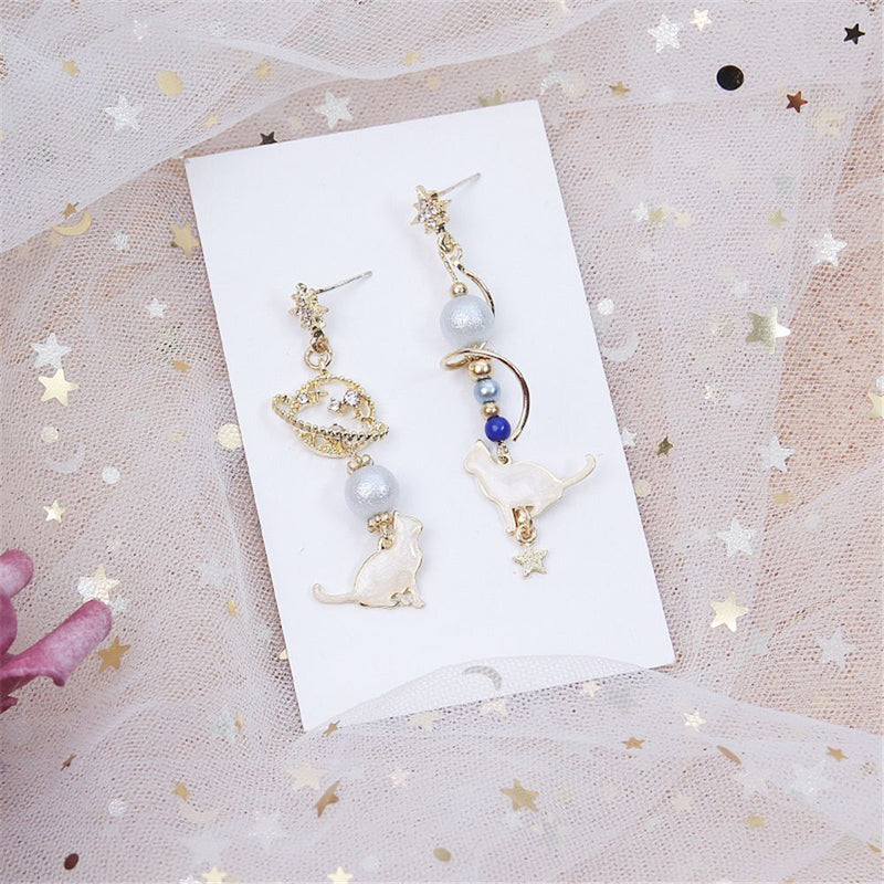 Elegant Jewelry Sweet Starlight Asymmetric Earrings Cute Cat Rhinestone Tassel