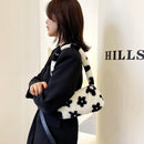 Fashion Women Plush Flower Print Shoulder Bag Casual Small Purse (White)