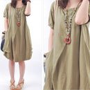 Solid Color Pleated O Neck Dress Button Women Short Sleeve Casual Loose Dresses