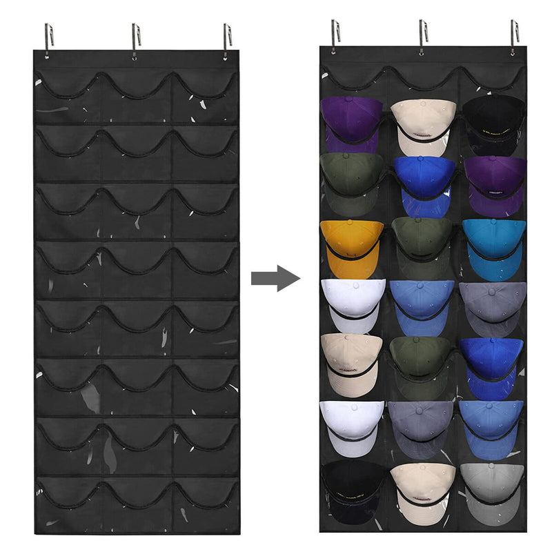 Hat Rack 24 Pocket Over-The-Door Cap Organizer for Baseball Cap (Black) Newly