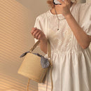 Women Beach Bag Straw Woven Plaid Bowknot Bucket Crossbody Barrel Handbag Purse