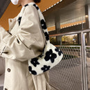 Retro Women Flower Print Shoulder Underarm Bag Winter Plush Purse (Black)