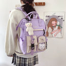 Preppy Style Contrast Color Large Backpack Women Travel Knapsack with Bear Badge