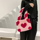 Women Love Heart Print Plush Shoulder Bag Fashion Winter Large Capacity Handbags