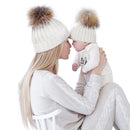 Mom Baby Kid Warm Raccoon Fur Bobble Beanie Cotton Knitted Parent-Child Hat