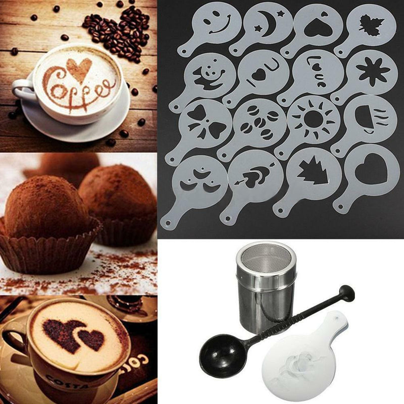 Chocolate Shaker Duster + 16pcs Cappuccino Coffee Stencils + Measure Spoon