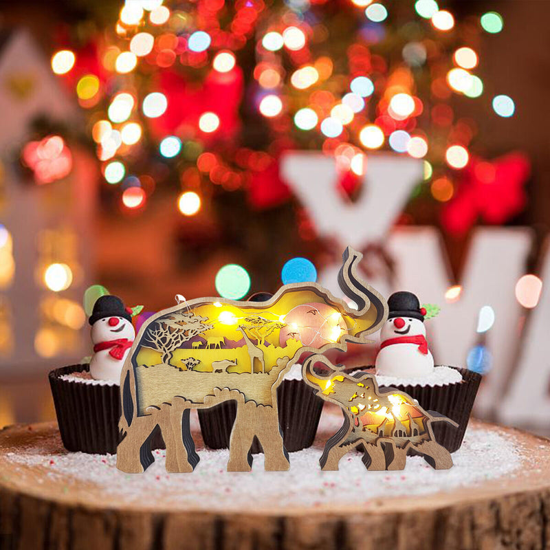 Wooden Ornament 2pcs Carved Hollow Multi-Layer Elephant Decor (A w/ Light) Newly