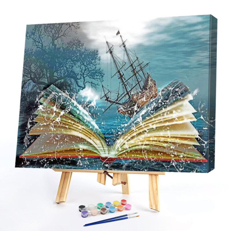 Ship in Book Oil Paint By Numbers Kit DIY Acrylic Painting on Canvas Framel