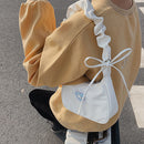 Women Canvas Pleated Armpit Bag Heart Pattern Casual Dumpling Bag (White)